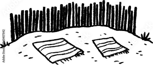 Beach windbreak with towels on sand sketch for summer design