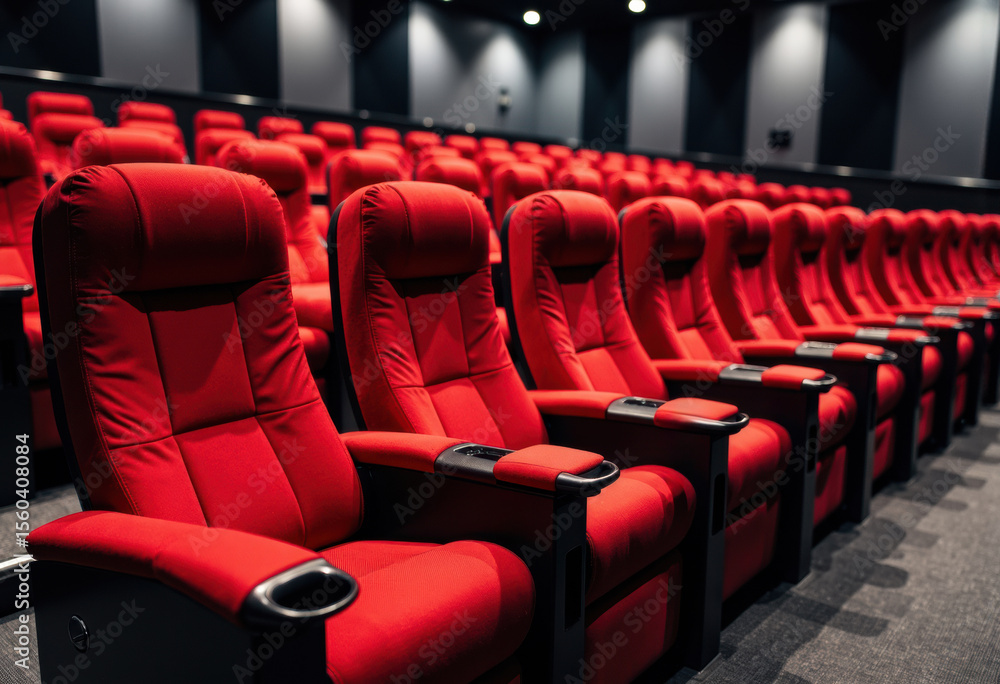Fototapeta premium Rows of plush red theater seats arranged in a modern cinema or auditorium setting