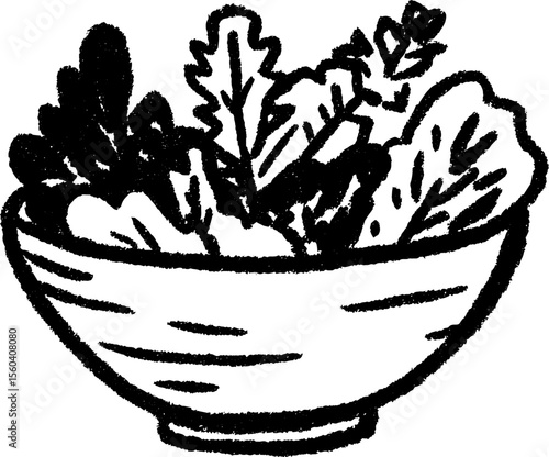 Rustic sketch of a wooden bowl filled with mixed greens for organic cuisine design