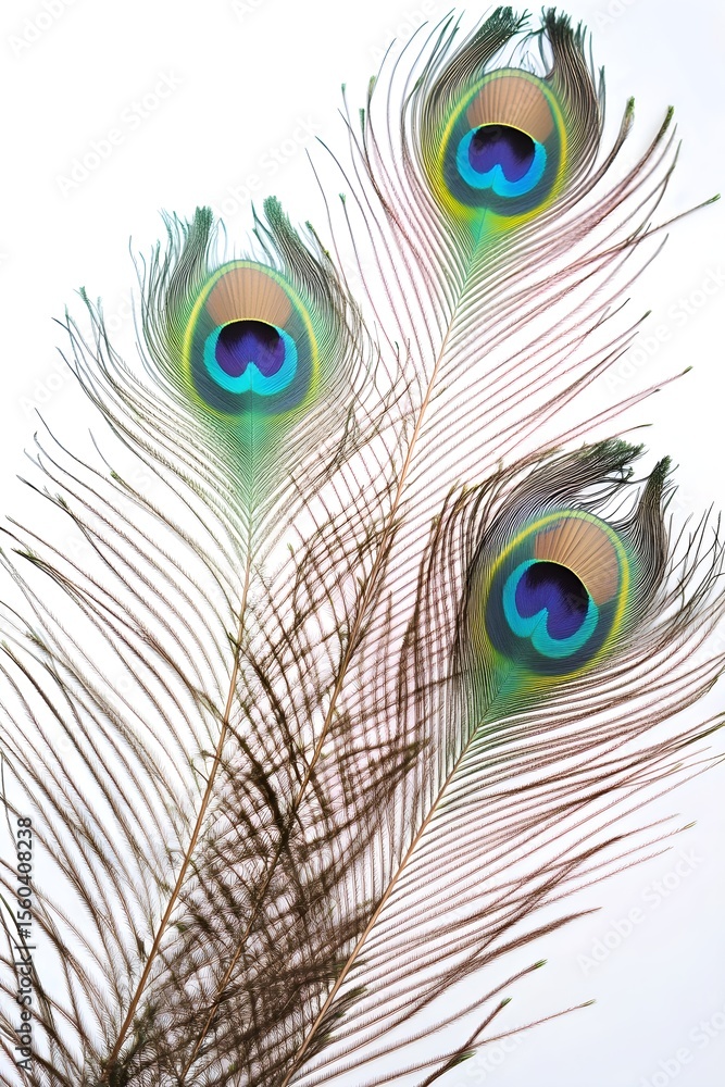 Obraz premium Three vibrant peacock feathers isolated white background