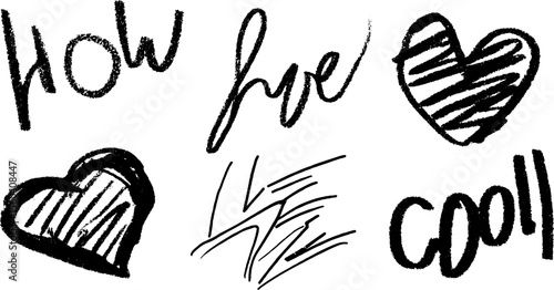 Playful doodle art with words and hearts featuring wow and hey design for creative projects