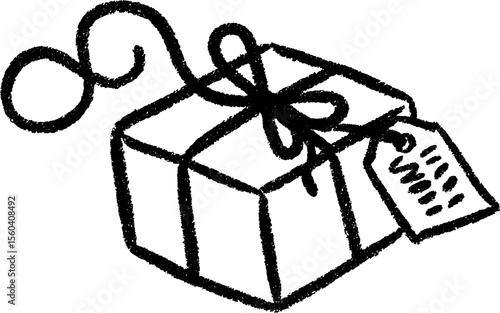 Hand drawn gift box with tag and ribbon for birthday or holiday celebrations