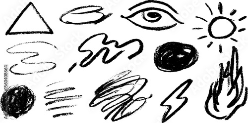 Mystic symbols: zodiac wheel, tarot eye, and astrological elements in black and white sketch