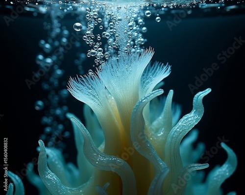 Blueish waterscape. Underwater marine plant. Fictional sea anemone with bubbles. Science fiction landscape for desktop background.