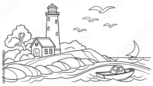 Line art coloring page, summer theme, a lighthouse on a rocky coast with waves crashing, seagulls flying, a small boat, simple lines, no shading, black and white