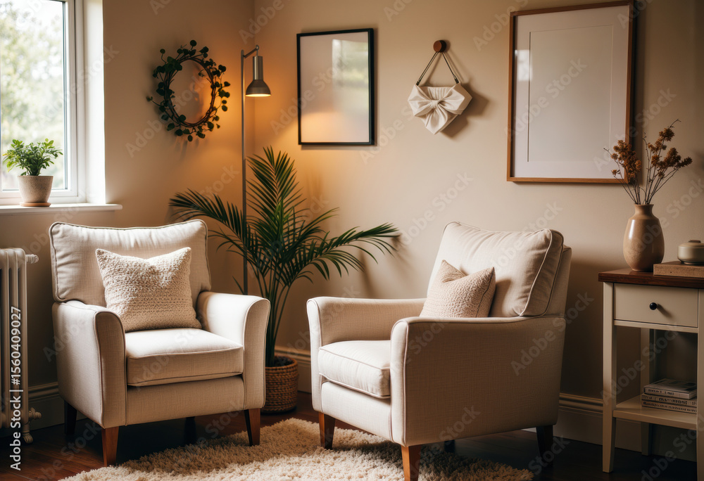 Fototapeta premium Cozy living room corner with two white armchairs, plants, and decorative wall art
