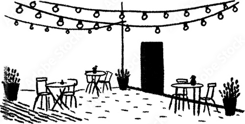 Cozy evening terrace café with string lights sketch for design