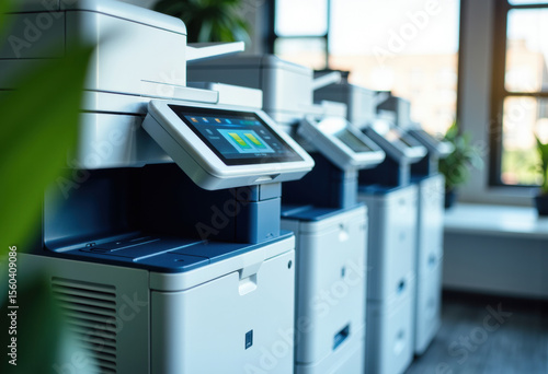 Modern multifunction printers with digital touchscreens in an office environment