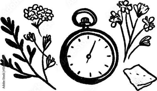 Vintage pocket watch with dried flowers and leaves