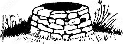 Rustic farmyard stone well sketch design for vintage decor