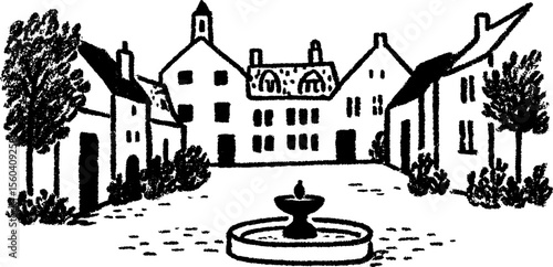 Vintage sketch of old town square with fountain and pavilion design for print