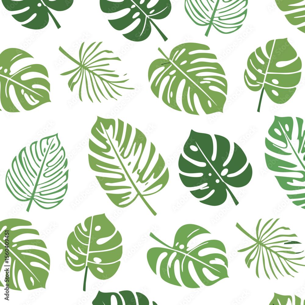 Obraz premium Tropical green leaves seamless pattern with monstera and palm foliage design for summer backgrounds and decoration