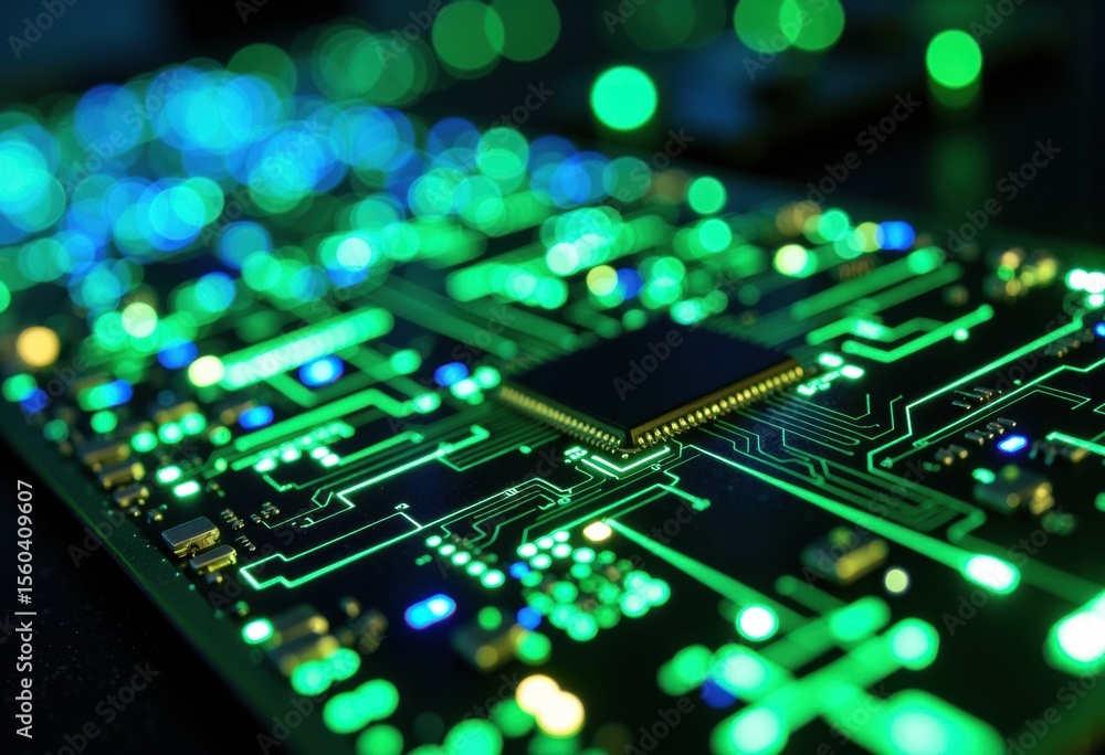 Fototapeta premium Close-up of a modern electronic circuit board illuminated with vibrant green and blue lights