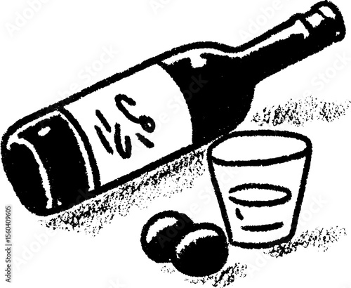 Artistic sketch of overturned bottle and glass with textured elements for creative design