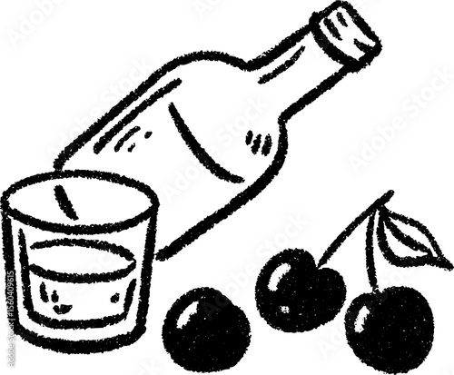 Hand drawn sketch of overturned bottle and glass with cherries for artistic design