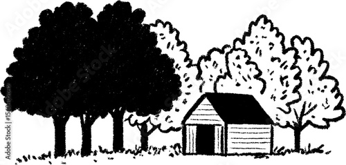 Autumn landscape with trees and farm shed sketch for seasonal design