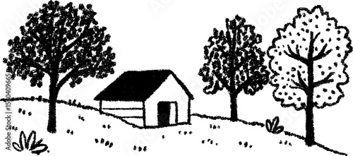 Autumn trees and farm shed sketch for seasonal design
