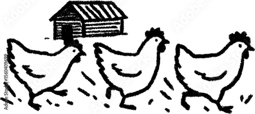 Rustic farm scene with chickens strolling by a wooden coop