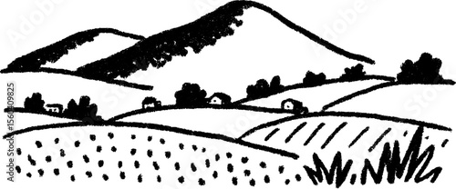 Serene landscape sketch of distant hills and farmland with crops