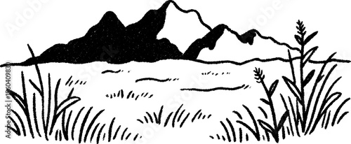 Serene landscape sketch of distant hills and farmland with crops
