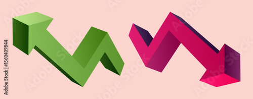 3D upward and downward market trend arrows. This conceptual illustration is perfect for use in finance, economics and business analytics.