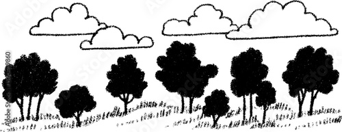 Serene landscape with distant trees and misty horizon in crayon sketch