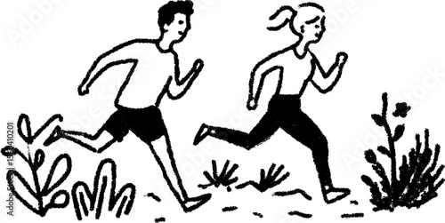 Joggers in motion on a shaded trail for fitness and outdoor activity design