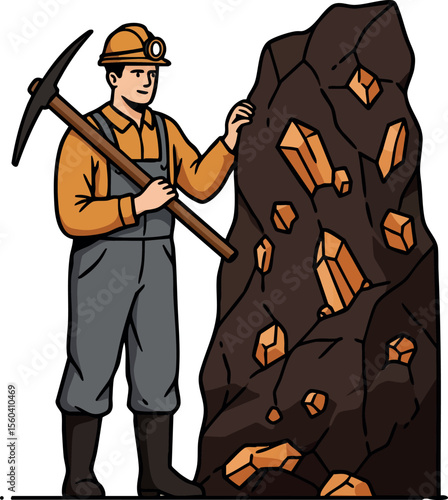Miner with pickaxe mining orange crystals from rock vector illustration in industrial work environment