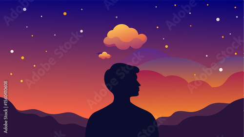 A silhouette of a person looking up at a sky filled with stars and a vibrant sunset representing the endless possibilities and potential of the human brain and the importance of. Vector illustration