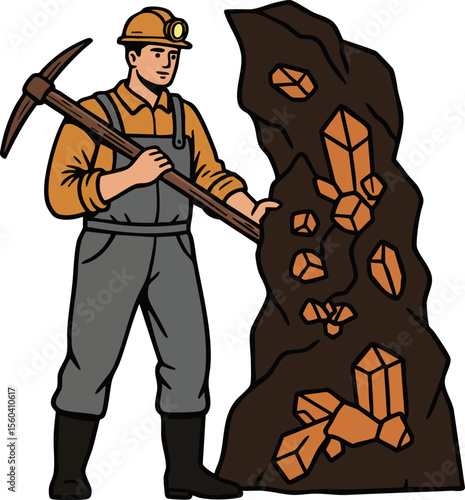 Miner with pickaxe extracting crystals from rocky wall in mining environment vector illustration