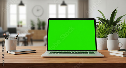 Wallpaper Mural Laptop Mockups with Green Screens – Office Backgrounds Blurred, No People – UI/UX Design Presentation, Product Display, and Branding Showcase Ready Torontodigital.ca