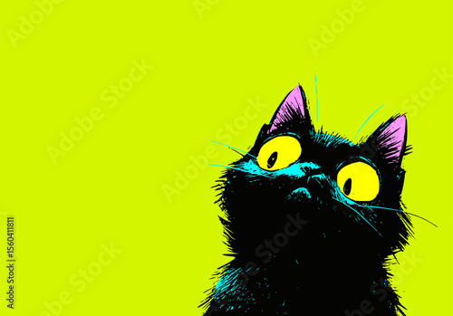 Curious black cat with staring eyes on vibrant colorful background in pop art style