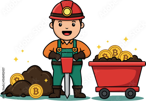 Bitcoin miner cartoon character with mining cart and coins digital currency mining concept vector illustration