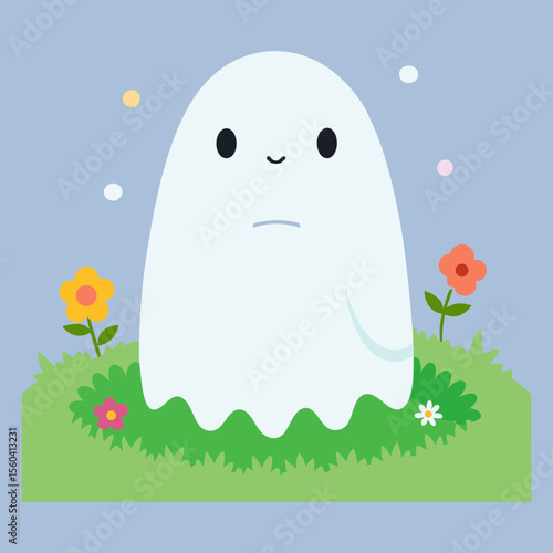 Vector art illustration of a ghost in the garden at night