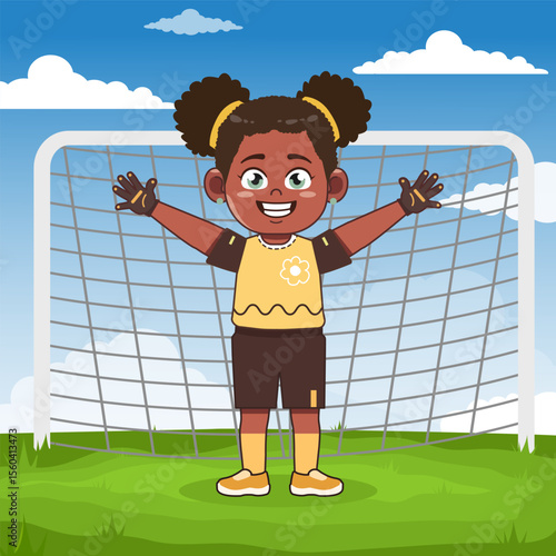 Cute African American Girl Cartoon Character Playing Football Keeper