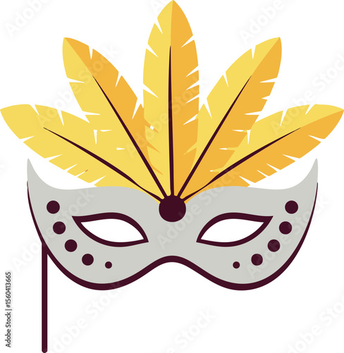 Feathered carnival mask with yellow feathers and decorative dots festive costume accessory vector illustration