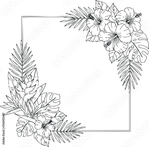 Tropical leaves and hibiscus flowers decorative frame with elegant line art style for design projects and invitations