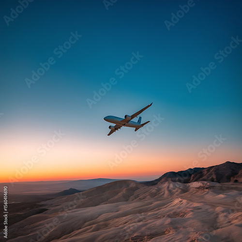 Wallpaper Mural A white airplane is seen soaring over a beautiful blue and beige landscape at sunset. Torontodigital.ca
