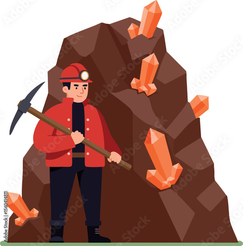 Miner with pickaxe extracting orange crystals from brown rock vector illustration in flat design