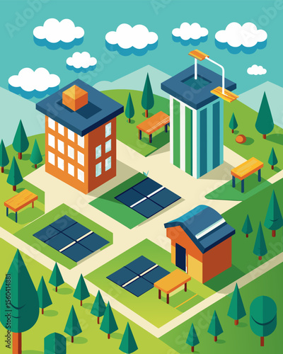 A university campus equipped with multiple solar charging stations serving as gathering spots for students to study and recharge at the same time.. Vector illustration