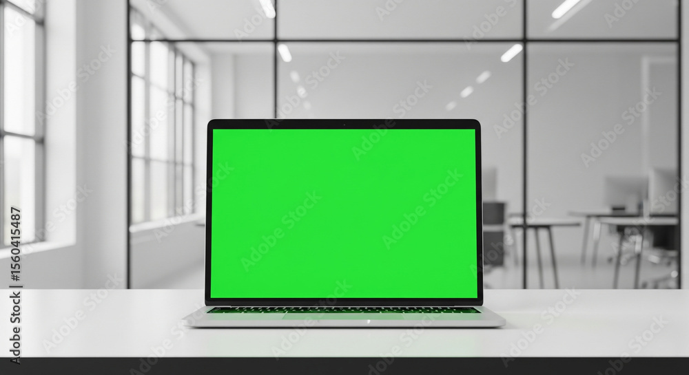 Fototapeta premium Laptop Mockups with Green Screens – Office Backgrounds Blurred, No People – UI/UX Design Presentation, Product Display, and Branding Showcase Ready