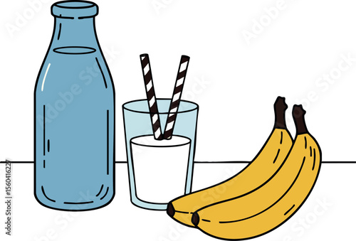 Blue bottle with glass of milk and two yellow bananas vector drawing with striped straws for healthy breakfast or snack