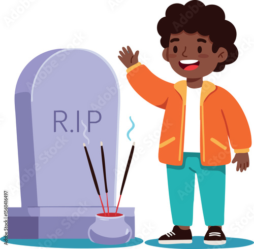 Boy waving hand next to gravestone with incense sticks vector illustration for memorial or remembrance concept