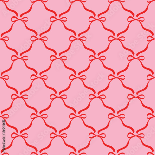 red seamless bow and ribbon on pink background, cute repeat coquette bow pattern wallpaper illustration, hand drawn bow design for fabric, paper, cloth illustration