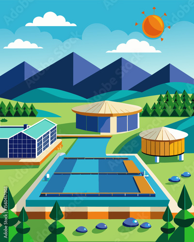 A stateoftheart aquaculture facility nestled in the countryside surrounded by fields of shining solar panels.. Vector illustration