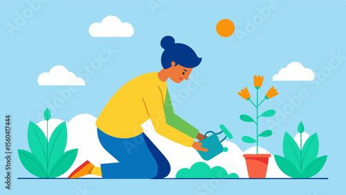 A person gardening and tending to plants finding purpose and satisfaction in nurturing soing living while also being outside in the fresh air.. Vector illustration