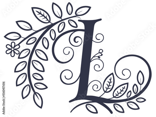 Elegant letter l monogram decorated with flourishes leaves and a single flower on a transparent background
