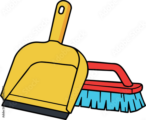 Yellow dustpan and red brush with blue bristles cleaning tools vector illustration for household chores and tidying up