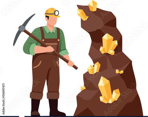 Miner with pickaxe mining large gold crystal rocks underground vector illustration