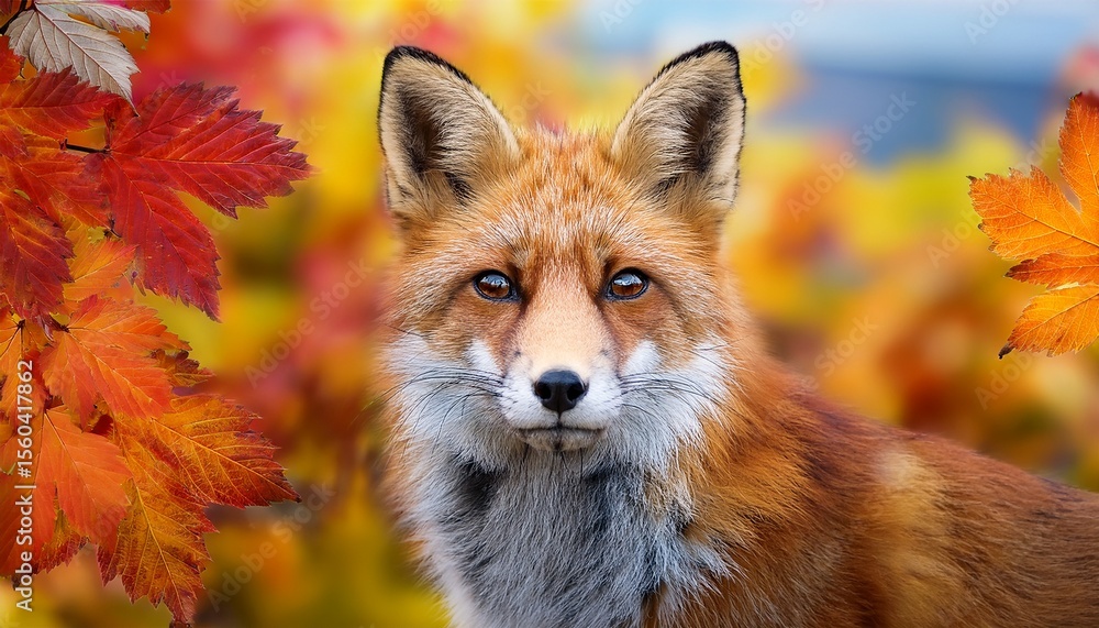 Fototapeta premium autumnal fox portrait a stunning illustration of a red fox amidst vibrant fall foliage